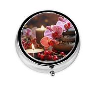 Pilulier rétro à 3 compartiments avec miroir - Orchidée rose - Bougies rouges - Petit pilulier décoratif en métal pour sac à main ou poche - Cadeau unique