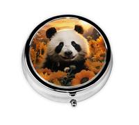 Pilulier rétro à 3 compartiments avec miroir - Panda et tournesol - Petit pilulier pour sac à main ou poche - Organisateur décoratif en métal pour médicaments et vitamines - Cadeau unique