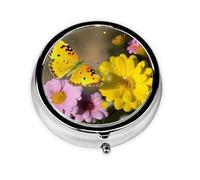 Pilulier rétro à 3 compartiments avec miroir - Papillon jaune et fleur - Petit pilulier pour sac à main ou poche - Organisateur décoratif en métal pour médicaments et vitamines - Cadeau unique