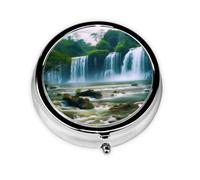 Pilulier rétro à 3 compartiments avec miroir - Paysage cascade - Petit pilulier pour sac à main ou poche - Organisateur décoratif en métal pour médicaments et vitamines - Cadeau unique