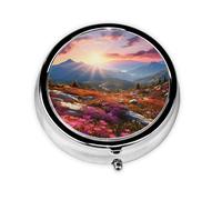 Pilulier rétro à 3 compartiments avec miroir - Paysage floral de montagne - Petit pilulier pour sac à main ou poche - Organisateur décoratif en métal pour médicaments et vitamines - Cadeau unique