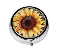 Pilulier rétro à 3 compartiments avec miroir - Peinture colorée - Tournesol - Petit pilulier pour sac à main ou poche - Organisateur décoratif en métal pour médicaments et vitamines - Cadeau unique
