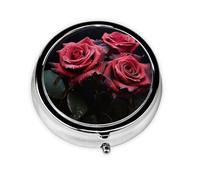 Pilulier rétro à 3 compartiments avec miroir - Rose rouge et feuilles noires - Petit pilulier pour sac à main ou poche - Organisateur décoratif en métal pour médicaments et vitamines - Cadeau unique