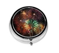 Pilulier rétro à 3 compartiments avec miroir - Superbe feu d'artifice - Petit pilulier pour sac à main ou poche - Organisateur décoratif en métal pour médicaments et vitamines - Cadeau unique