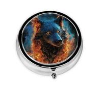Pilulier rétro à 3 compartiments avec miroir - Tête de loup en flammes bleues - Petit pilulier décoratif en métal pour sac à main ou poche - Cadeau unique
