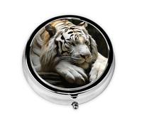 Pilulier rétro à 3 compartiments avec miroir - Tigre couché - Petit pilulier pour sac à main ou poche - Organisateur décoratif en métal pour médicaments et vitamines - Cadeau unique