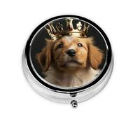 Pilulier rétro avec miroir 3 compartiments en forme de chiot avec couronne - Petit pilulier pour sac à main ou poche - Organisateur décoratif en métal pour médicaments et vitamines - Cadeaux uniques