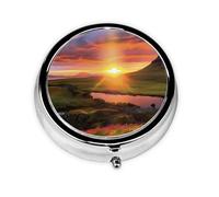 Pilulier rétro avec miroir 3 compartiments - Motif coucher de soleil islandais - Petit pilulier pour sac à main ou poche - En métal - Organisateur de médicaments et de vitamines - Cadeau unique