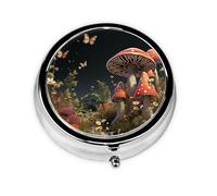 Pilulier rétro avec miroir 3 compartiments style conte de fées champignons petit pilulier organisateur pour sac à main ou poche en métal organisateur de médicaments et vitamines Cadeau unique