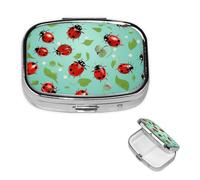 Pilulier rétro avec miroir à 2 compartiments - Coccinelles rouges sur fond bleu - Petit pilulier décoratif en métal pour sac à main ou poche - Cadeau unique