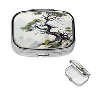 Pilulier rétro avec miroir à 2 compartiments en pin sur une pente de montagne, petit pilulier pour sac à main ou poche, organisateur décoratif en métal pour médicaments, vitamines et cadeaux uniques