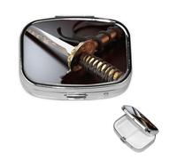 Pilulier rétro avec miroir à 2 compartiments - Épée de samouraï du Japon - Petit pilulier pour sac à main ou poche - Organisateur décoratif en métal pour médicaments et vitamines - Cadeau unique