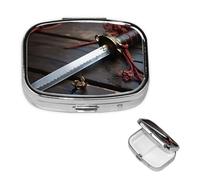 Pilulier rétro avec miroir à 2 compartiments - Épée de samouraï du Japon - Petit pilulier pour sac à main ou poche - Organisateur décoratif en métal pour médicaments et vitamines - Cadeau unique
