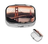 Pilulier rétro avec miroir à 2 compartiments Golden Gate Bridge - Petit pilulier pour sac à main ou poche - Organisateur décoratif en métal pour médicaments et vitamines - Cadeau unique