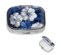 Pilulier rétro avec miroir à 2 compartiments - Grandes fleurs bleues et blanches - Petit pilulier pour sac à main ou poche - Organisateur décoratif en métal pour médicaments et vitamines - Cadeau