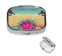 Pilulier rétro avec miroir à 2 compartiments Hello Hawaï Petit pilulier pour sac à main ou poche - Organisateur décoratif en métal pour médicaments et vitamines - Cadeau unique