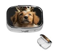 Pilulier rétro avec miroir à 2 compartiments - Motif chiot avec couronne - Petit pilulier pour sac à main ou poche - Organisateur décoratif en métal pour médicaments et vitamines - Cadeaux uniques