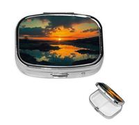 Pilulier rétro avec miroir à 2 compartiments - Motif coucher de soleil - Petit pilulier pour sac à main ou poche - Organisateur décoratif en métal pour médicaments et vitamines - Cadeau unique