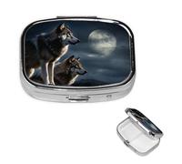 Pilulier rétro avec miroir à 2 compartiments - Motif loups au clair de lune - Petit pilulier pour sac à main ou poche - Organisateur décoratif en métal pour médicaments et vitamines - Cadeau unique