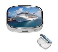 Pilulier rétro avec miroir à 2 compartiments - Motif navires de croisière - Petit pilulier pour sac à main ou poche - Organisateur décoratif en métal pour médicaments et vitamines - Cadeau unique
