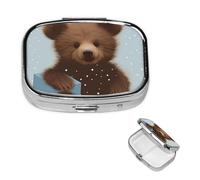 Pilulier rétro avec miroir à 2 compartiments - Ours heureux - Petit pilulier pour sac à main ou poche - Organisateur décoratif en métal pour médicaments et vitamines - Cadeau unique