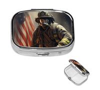 Pilulier rétro avec miroir à 2 compartiments - Petit pilulier patriotique pompier pour sac à main ou poche - Organisateur décoratif en métal pour médicaments et vitamines - Cadeau unique