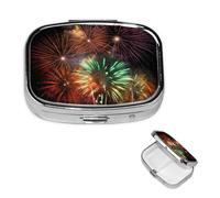 Pilulier rétro avec miroir à 2 compartiments - Splendide feux d'artifice - Petit pilulier pour sac à main ou poche - Organisateur décoratif en métal pour médicaments et vitamines - Cadeau unique
