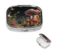 Pilulier rétro avec miroir à 2 compartiments style conte de fées champignons petit pilulier pour sac à main ou poche - Organisateur décoratif en métal pour médicaments et vitamines - Cadeau unique