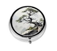 Pilulier rétro avec miroir à 3 compartiments en pin sur une pente de montagne, petit pilulier pour sac à main ou poche, organisateur décoratif en métal pour médicaments, vitamines et cadeaux uniques
