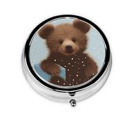 Pilulier rétro avec miroir à 3 compartiments - Ours heureux - Petit pilulier pour sac à main ou poche - Organisateur décoratif en métal pour médicaments et vitamines - Cadeau unique