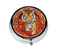 Pilulier rétro avec miroir à 3 compartiments - Petit pilulier « Prosperity in the Year of The Tiger » - Petit pilulier décoratif en métal pour sac à main ou poche - Organisateur de médicaments et de