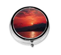 Pilulier rétro avec miroir à 3 compartiments - Rouge feu de soleil - Petit pilulier pour sac à main ou poche - Organisateur décoratif en métal pour médicaments et vitamines - Cadeau unique