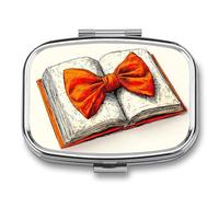 Pilulier rétro avec nœud orange sur livre - 2 compartiments - Pilulier portable de voyage pour sac à main