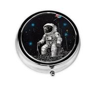 Pilulier rond 3 compartiments en métal étanche pour poche ou sac à main Vitamine/huile de poisson/pilules/compléments alimentaires Motif galaxie astronaute