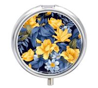 Pilulier rond à 3 compartiments avec base bleue et jaune à motif floral pour sac à main