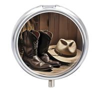 Pilulier rond à 3 compartiments avec chapeau noir de cowboy et bottes occidentales, organiseur de médicaments décoratif portable pour poche ou sac à main