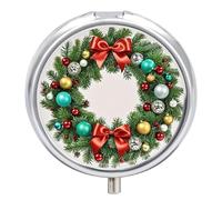 Pilulier rond à 3 compartiments avec couronne de Noël à feuilles persistantes, boîte à médicaments de voyage portable pour le quotidien, mini conteneur compact de stockage de médicaments distributeur