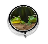 Pilulier rond à 3 compartiments avec deux grenouilles vertes pour sac à main, boîte à pilules de voyage portable en métal pour médicaments quotidiens, supplément de vitamines
