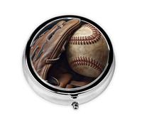 Pilulier rond à 3 compartiments avec imprimé gants de baseball - En métal étanche - Portable - Pour poche ou sac à main - Vitamine/huile de poisson/pilules/compléments alimentaires