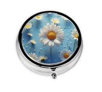 Pilulier rond à 3 compartiments avec imprimé marguerites - En métal - Étanche - Portable - Pour poche ou sac à main - Vitamine/huile de poisson/pilules/compléments alimentaires