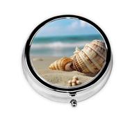 Pilulier rond à 3 compartiments avec imprimé plage et coquillage - En métal étanche - Portable - Pour poche ou sac à main - Vitamine/huile de poisson/pilules/compléments