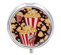 Pilulier rond à 3 compartiments avec imprimé pop-corn, mini pilulier portable de voyage pour poche, sac à main, pilulier en métal pour vitamines, suppléments d'huile de poisson