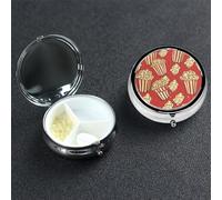 Pilulier rond à 3 compartiments avec imprimé popcorn - Joli pilulier de voyage portable - Organiseur de vitamines - En métal - Pour homme et femme - Cadeau unique