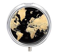 Pilulier rond à 3 compartiments avec miroir - Motif carte du monde - Petit pilulier de voyage - Joli organisateur de vitamines - Portable - Pour le quotidien - Pour poche et sac à main