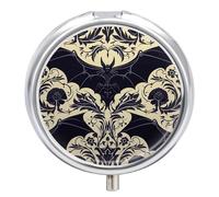 Pilulier rond à 3 compartiments avec miroir - Motif chauve-souris - Cadeau de voyage