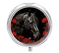 Pilulier rond à 3 compartiments avec miroir - Motif cheval noir sur fond de roses rouges - Petit pilulier de voyage - Joli organiseur de vitamines - Portable - Pour sac à main