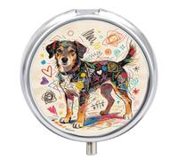 Pilulier rond à 3 compartiments avec miroir - Motif chien avec dessins désordonnés - Pour voyage et extérieur - Joli petit pilulier pour poche ou sac à main