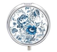 Pilulier rond à 3 compartiments avec miroir - Motif floral bleu et blanc - Petit pilulier de voyage - Joli organiseur de vitamines - Portable - Pour le quotidien - Pour poche et sac à main