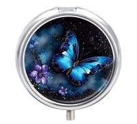 Pilulier rond à 3 compartiments avec miroir - Motif papillon bleu galaxie
