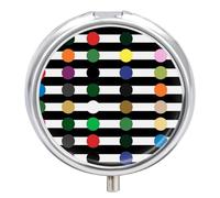 Pilulier rond à 3 compartiments avec miroir - Motif rayures et pois arc-en-ciel - Noir et blanc